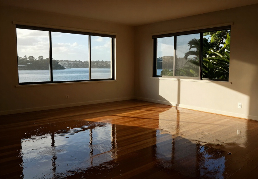 Flooded living room in Northbridge home before restoration